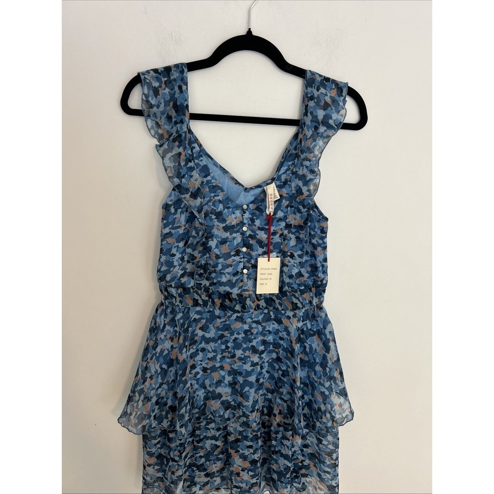 Rega Women's S NWT Ruffled V-Neck Tiered Blue Pink Camouflage Sleeveless Dress